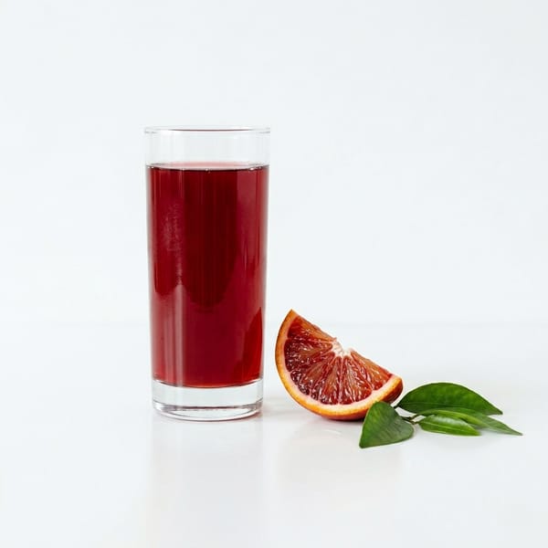 Succo NFC di arancia rossa in un bicchiere, con uno spicchio di arancia rossa