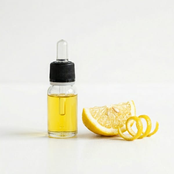 Olio essenziale di agrumi in un flacone contagocce, con fetta e scorza di limone