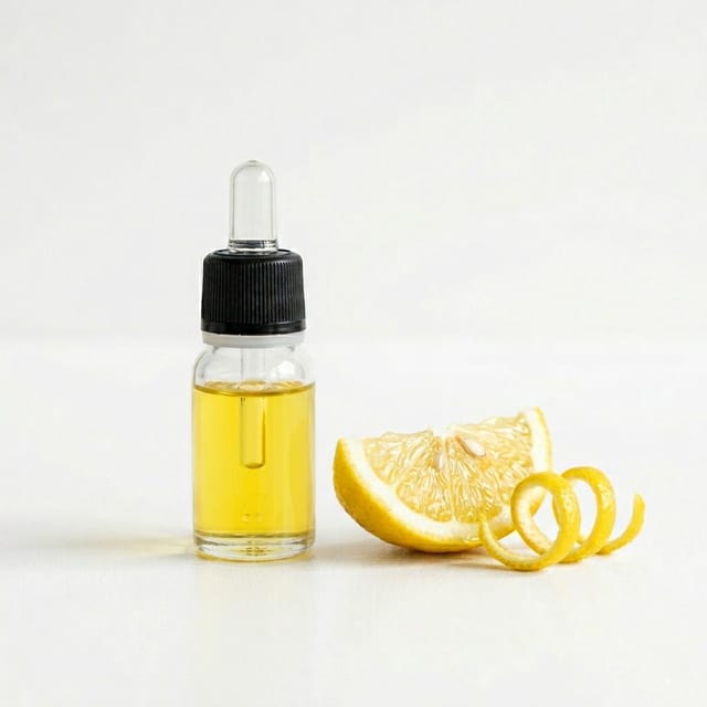 Olio essenziale di agrumi in un flacone contagocce, con fetta e scorza di limone